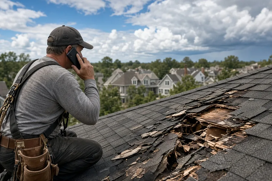 A roofer kneeling on a damaged shingle roof, taking a customer call on his phone with a storm-torn neighbourhood behind him