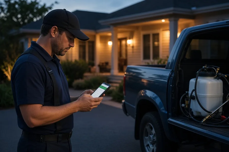 A pest control technician at dusk, standing by the open tailgate of his truck and reviewing an appointment on his phone outside a lit-up home