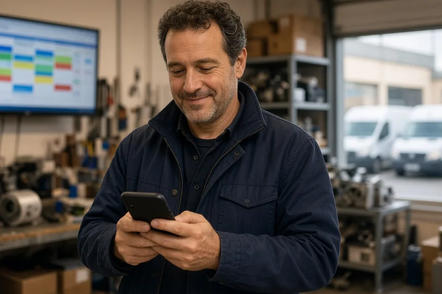 A home-service shop owner smiling at his phone in his workshop, with a dispatch board on the wall behind him and service vans parked outside