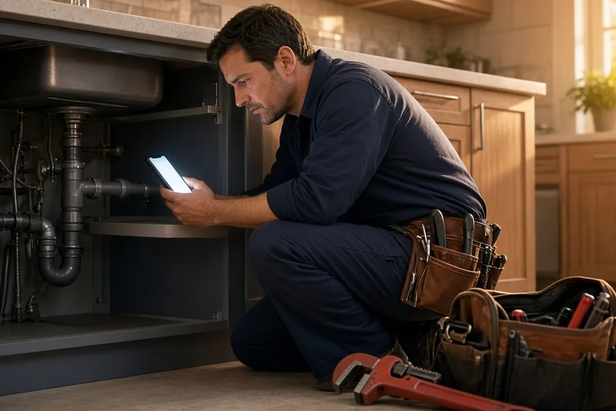 A plumber kneeling under a kitchen sink, reading a service message on his phone with a wrench and tool bag beside him