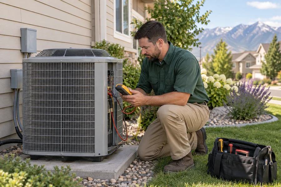 Technician inspecting a residential air conditioner