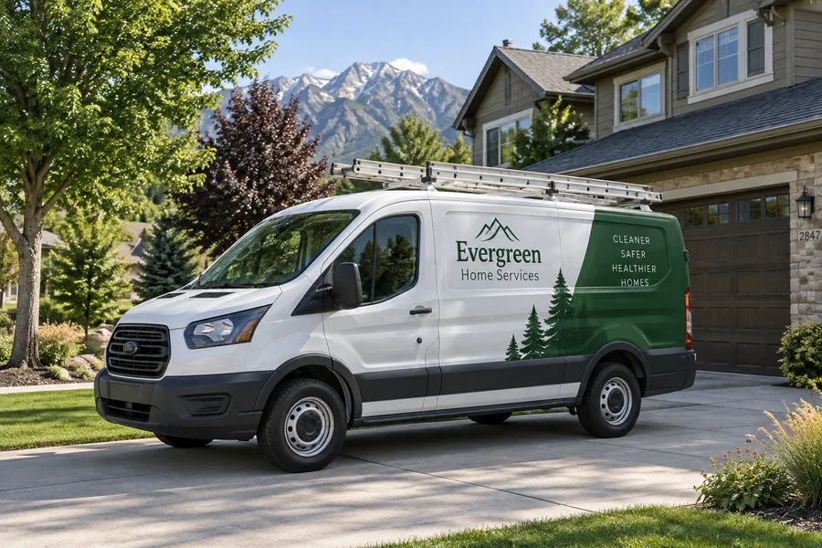 Evergreen Home Services van outside a home