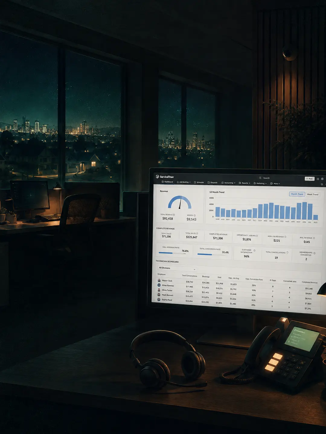 An empty office at night, the city lit up outside the window, with a dashboard on screen still taking calls
