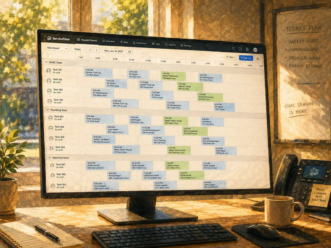 A ServiceTitan dispatch board on a desktop monitor, showing a full day of HVAC, plumbing, and electrical jobs