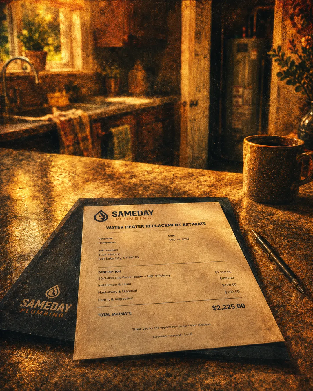 A printed Sameday Plumbing water heater replacement estimate left on a customer's kitchen counter