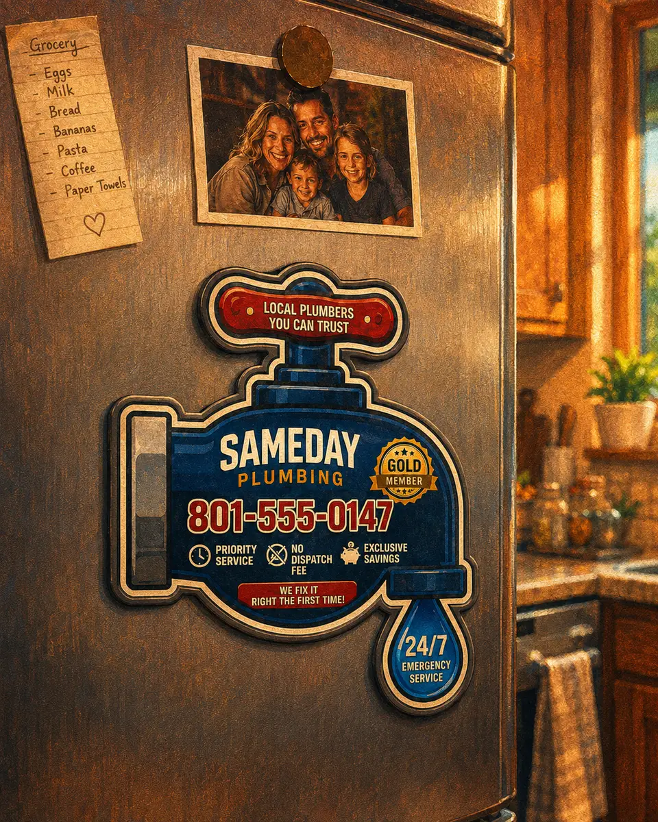 A branded plumbing membership magnet on a customer's fridge next to their grocery list and family photo