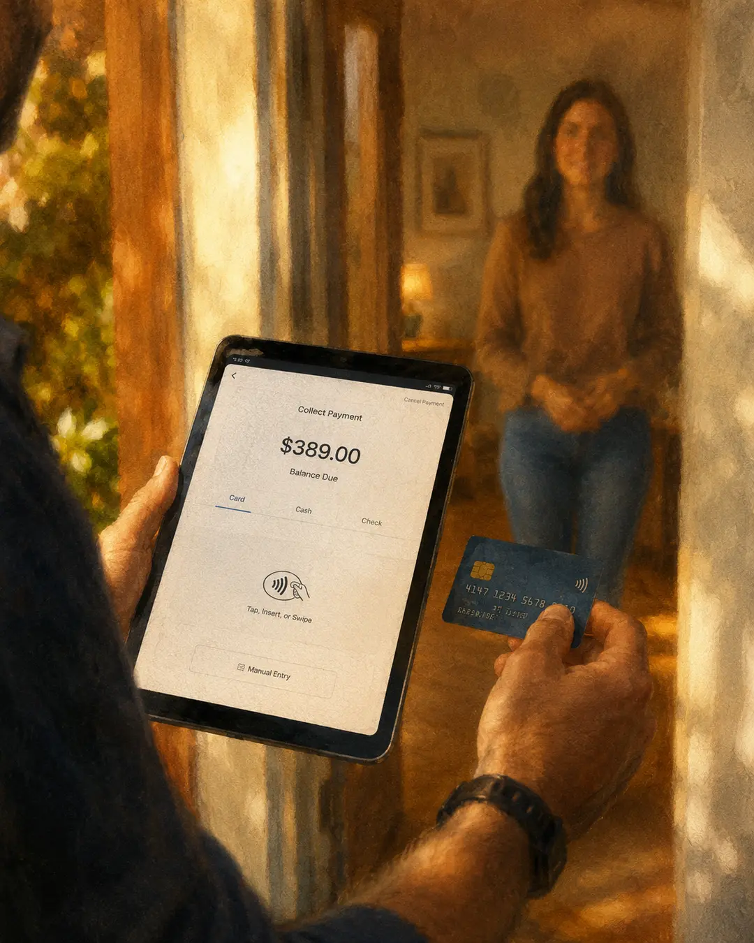 A technician collecting a card payment on a tablet at a customer's front door