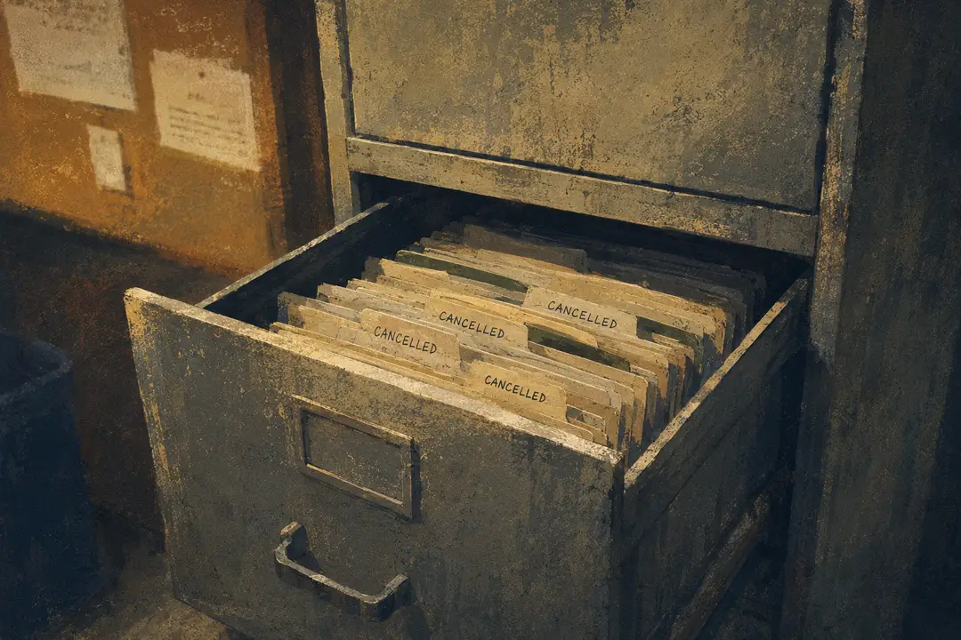 A dusty filing cabinet drawer full of folders labeled Cancelled