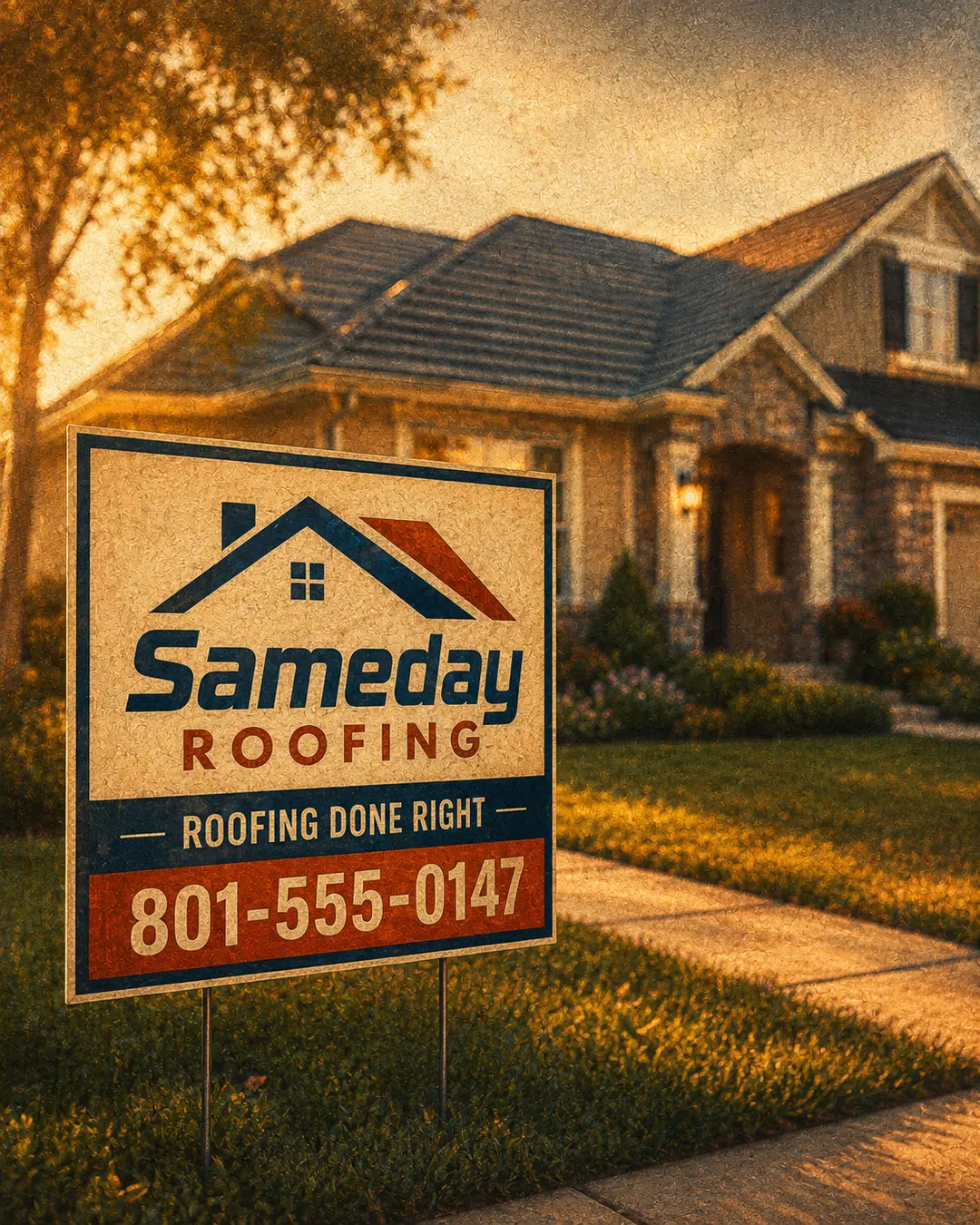 A Sameday Roofing yard sign staked in a customer's front lawn at golden hour
