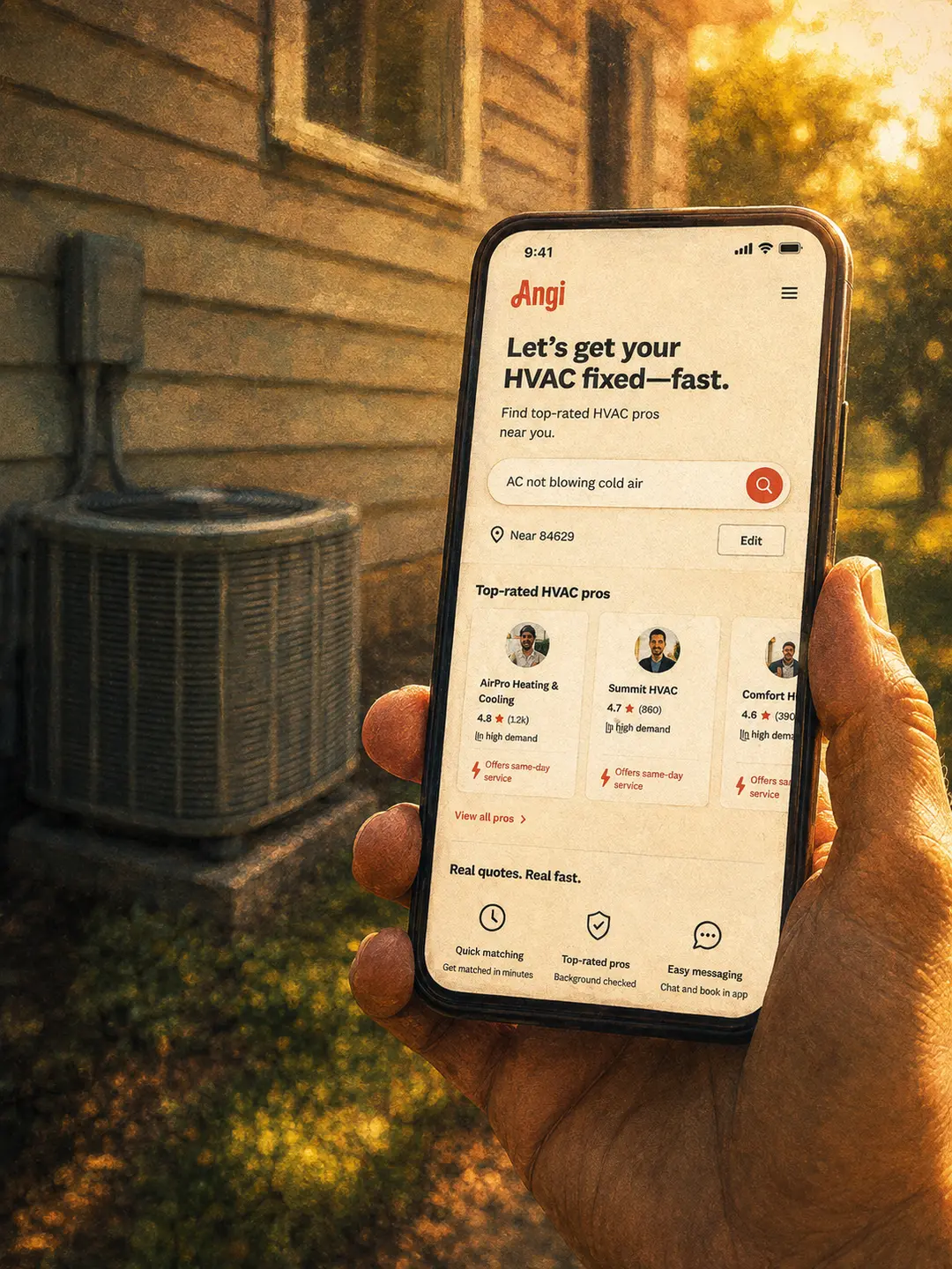A homeowner beside a broken air conditioner searching Angi for HVAC pros on their phone